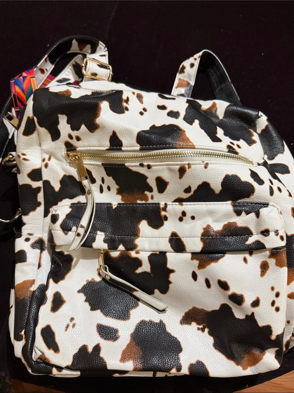 Cow Print Backpack Purse - White, Black & Brown